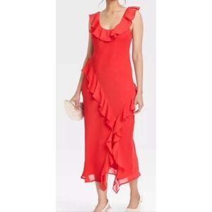 Ruffle Slip Dress Bright Red Plus Size‎ 2X NEW Tiered Maxi Chiffon Crepe